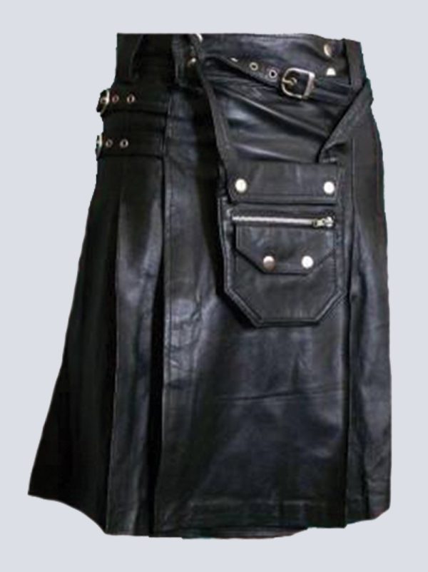 MENS BLACK LEATHER KILT WITH FRONT POCKET