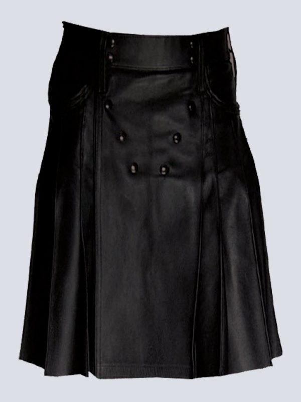 MENS BLACK LEATHER KILT WITH STUDDED APRON