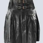 MENS BLACK LEATHER KILT WITH BUTTON FLAP
