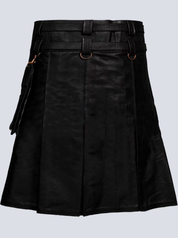 MENS BLACK PLEATED LEATHER KILT WITH BUCKLE STRAPS - Image 3