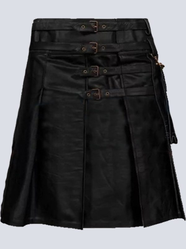 MENS BLACK PLEATED LEATHER KILT WITH BUCKLE STRAPS