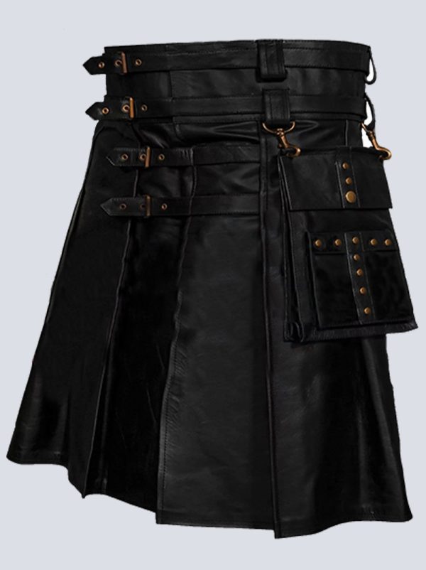 MENS BLACK PLEATED LEATHER KILT WITH BUCKLE STRAPS - Image 2