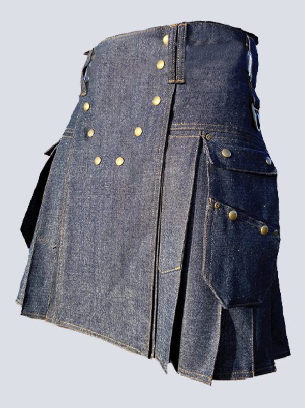 MENS BLUE DENIM KILT WITH STUDED APRON