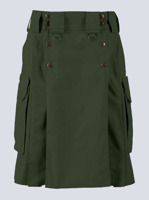 MENS COMBAT OLIVE GREEN TACTICAL KILT WITH SLANT POCKETS