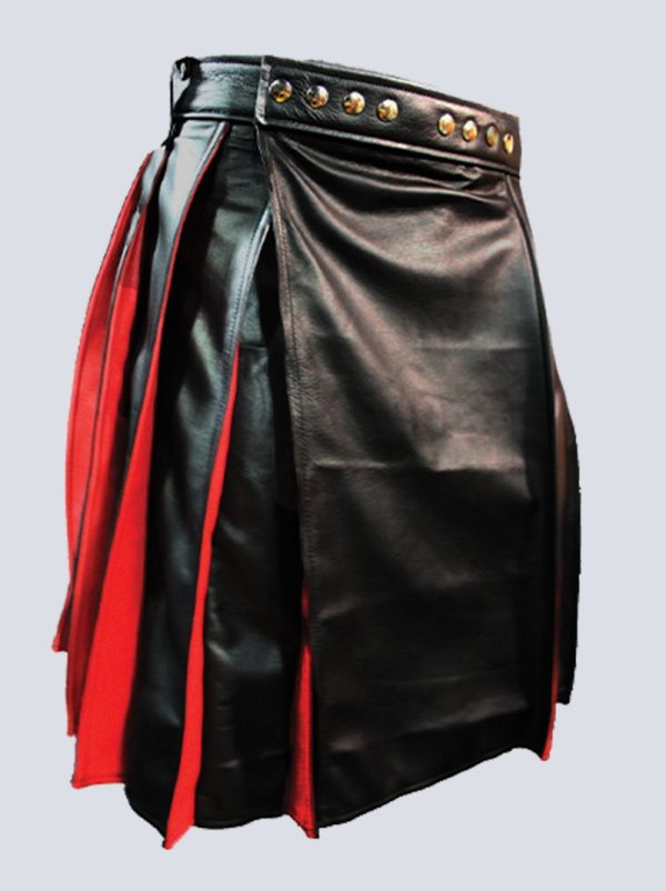 MENS FASHION BLACK AND RED LEATHER KILT