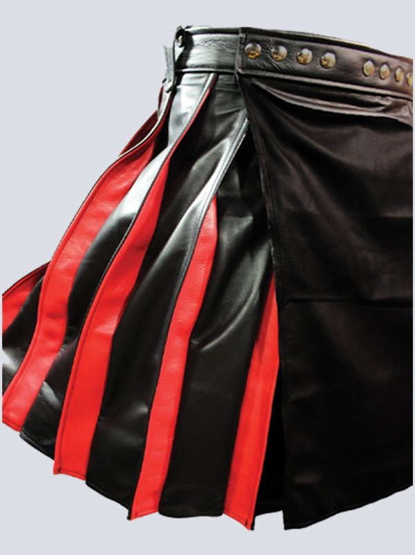 MENS FASHION BLACK AND RED LEATHER KILT - Image 2