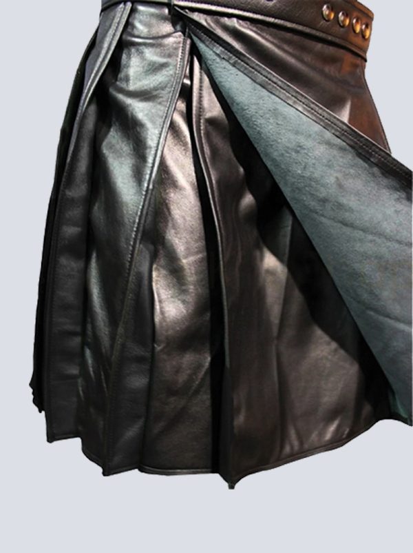 MENS BLACK LEATHER KILT WITH FRONT POCKET - Image 2