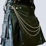 MENS FASHION BLACK LEATHER KILT WITH CHAINS