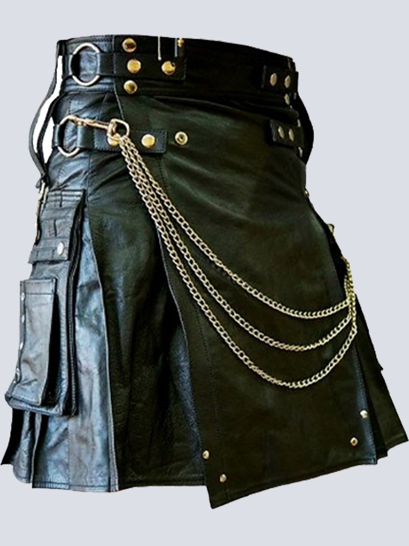 MENS FASHION BLACK LEATHER KILT WITH CHAINS