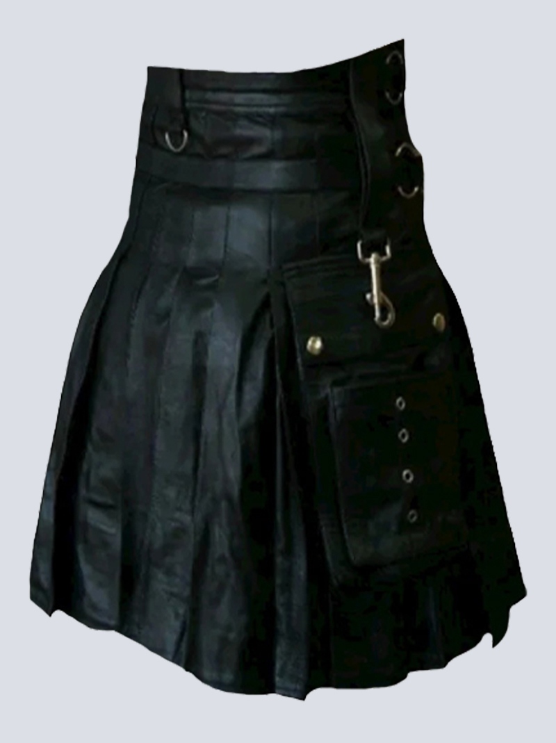 MENS FASHION BLACK LEATHER KILT WITH CHAINS - Image 2