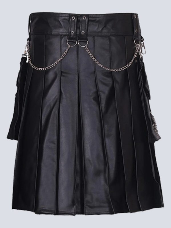 MENS FASHION BLACK LEATHER KILT WITH DETACHABLE POCKETS - Image 3