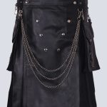 MENS FASHION BLACK LEATHER KILT WITH DETACHABLE POCKETS