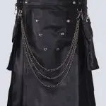 MENS FASHION BLACK LEATHER KILT WITH DETACHABLE POCKETS