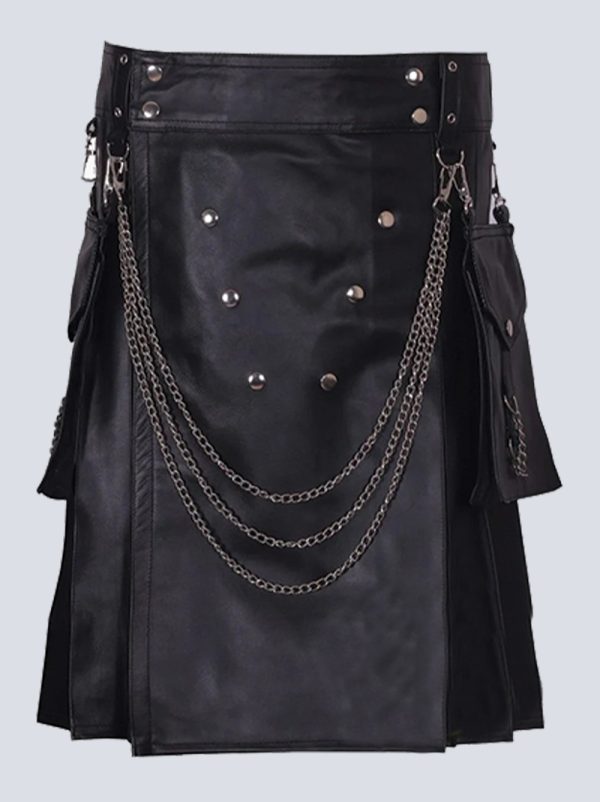 MENS FASHION BLACK LEATHER KILT WITH DETACHABLE POCKETS