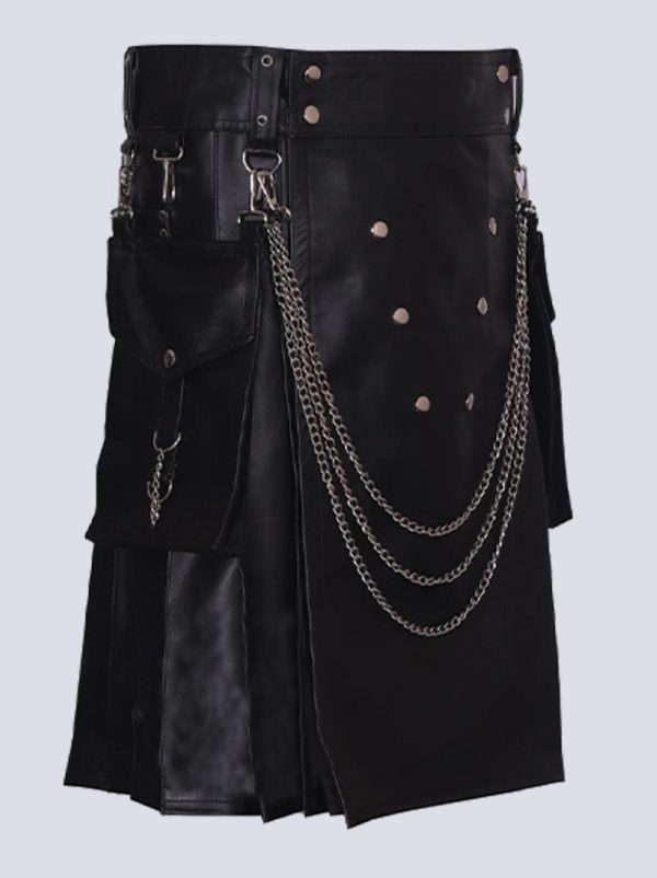 MENS FASHION BLACK LEATHER KILT WITH DETACHABLE POCKETS - Image 2