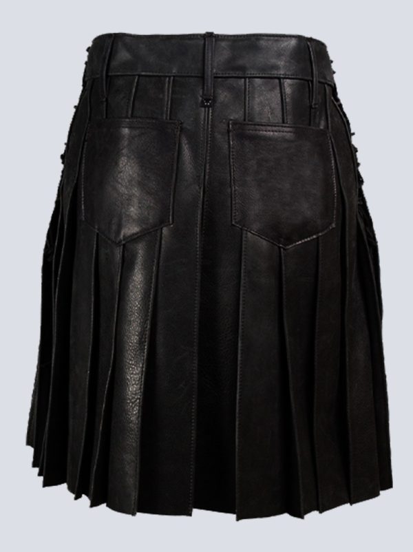 MENS FASHION BLACK LEATHER KILT WITH STUDDED APRON - Image 3