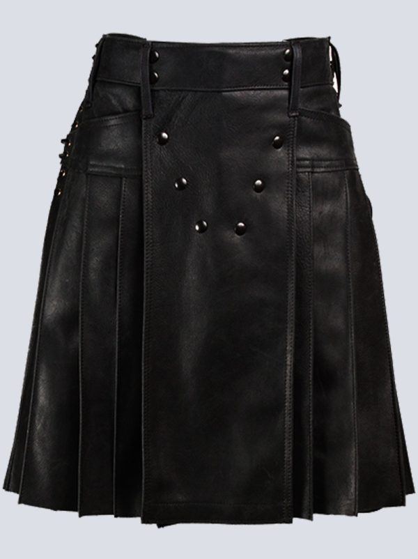 MENS FASHION BLACK LEATHER KILT WITH STUDDED APRON