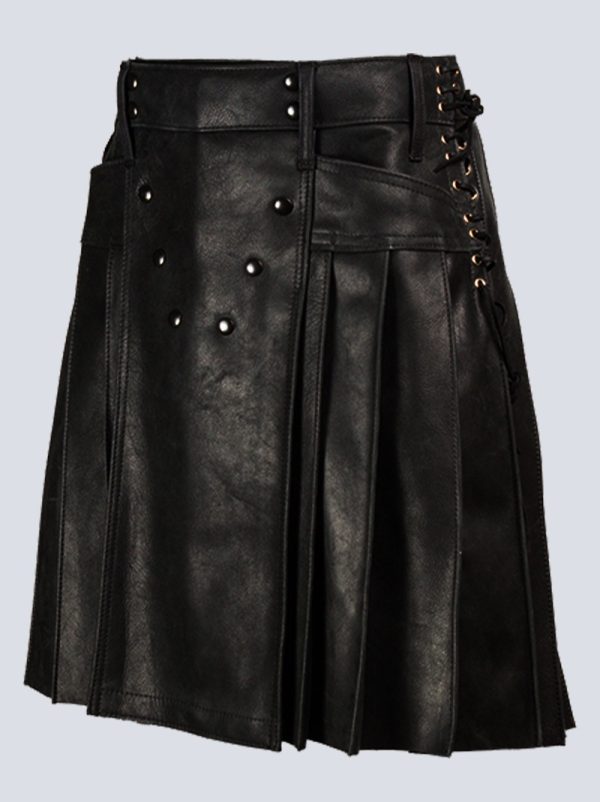 MENS FASHION BLACK LEATHER KILT WITH STUDDED APRON - Image 2