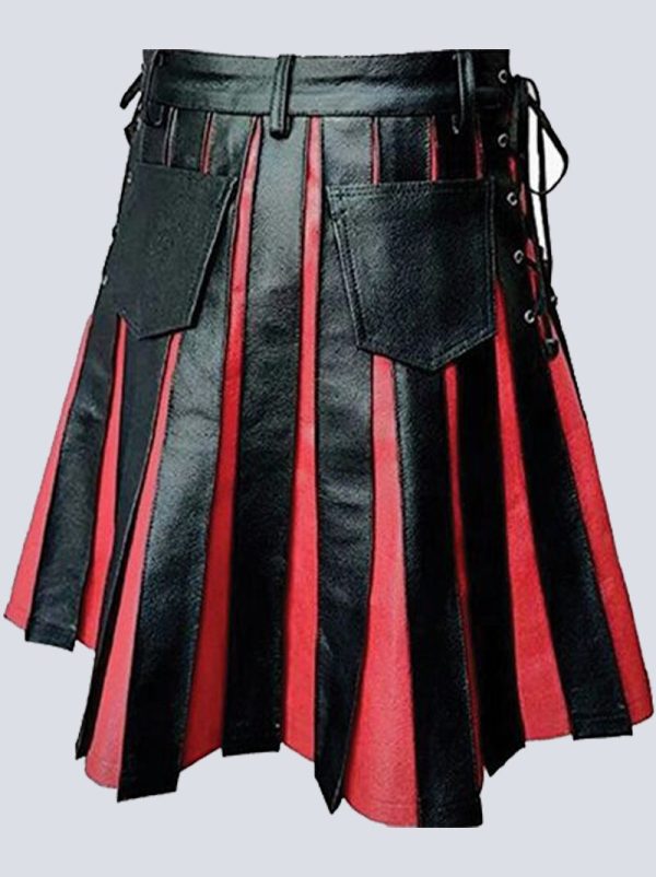 MENS GLADIATOR BLACK AND RED LEATHER KILT - Image 2