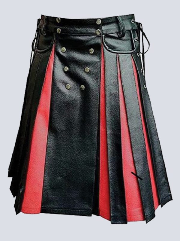 MENS GLADIATOR BLACK AND RED LEATHER KILT