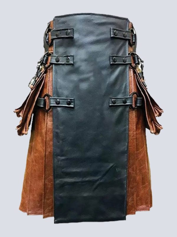 MENS GOTHIC TWO TONE BLACK AND BROWN LEATHER KILT