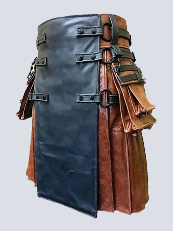 MENS GOTHIC TWO TONE BLACK AND BROWN LEATHER KILT - Image 2
