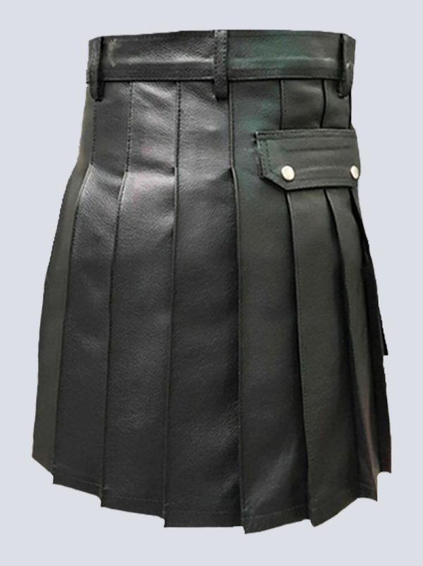 MENS MODERN BLACK LEATHER KILT WITH PLEATED DESIGN - Image 2