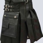 MENS MODERN BLACK LEATHER KILT WITH PLEATED DESIGN