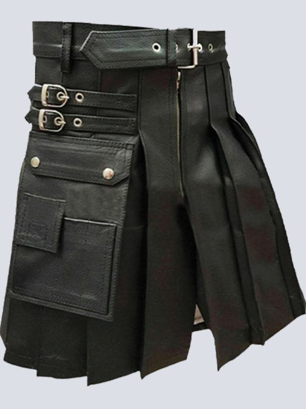 MENS MODERN BLACK LEATHER KILT WITH PLEATED DESIGN