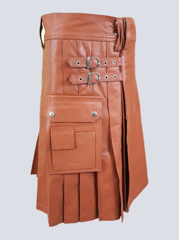 MENS PURE BROWN LEATHER KILT - Image 3