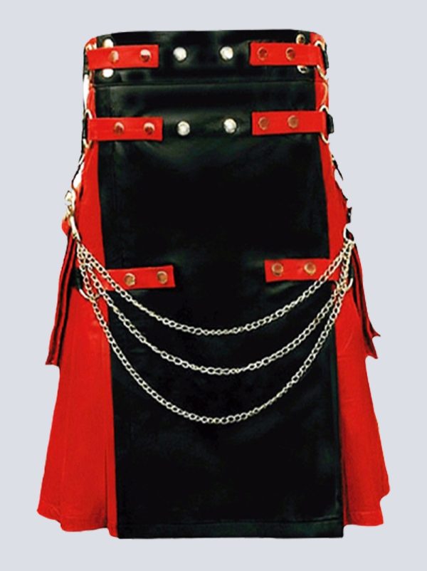 MENS TWO TONE BLACK AND RED LEATHER KILT WITH CHAINS