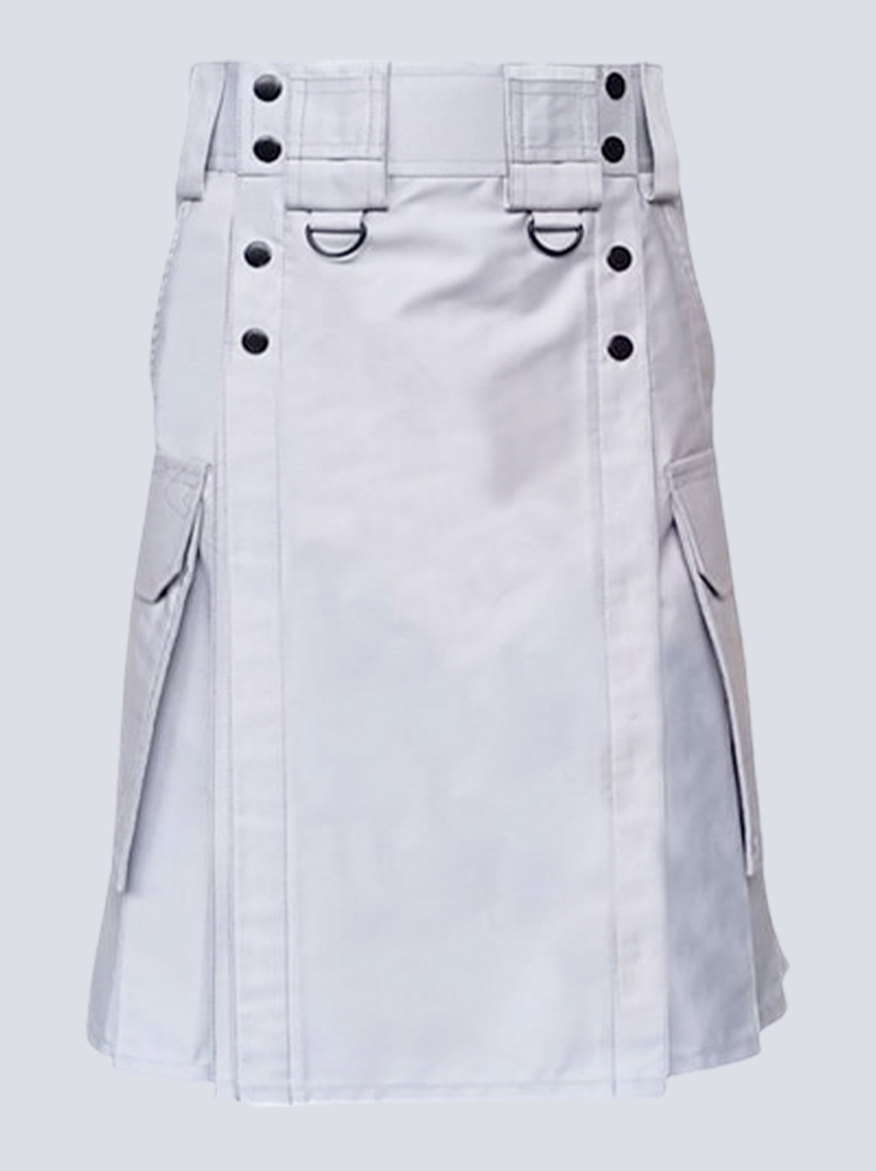 MENS WHITE TACTICAL DUTI KILT WITH FLAP POCKETS