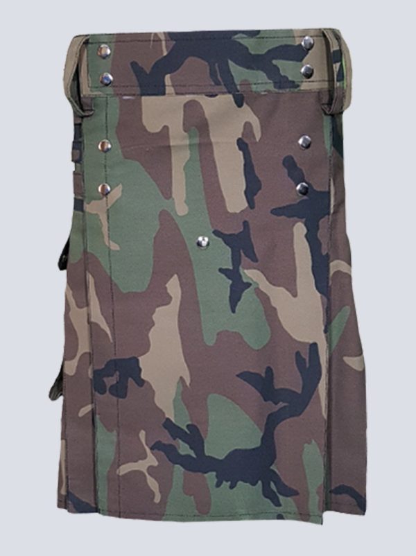 MENS WOODLAND CAMO TACTICAL KILT WITH STUDDED APRON