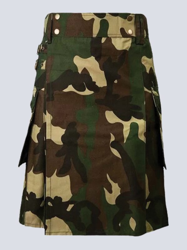 MENS WOODLAND CAMO TACTICAL KILT WITH BUCKLE STRAPS