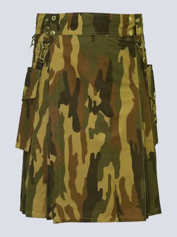 MENS WOODLAND CAMO TACTICAL KILT WITH DETACHABLE POCKETS