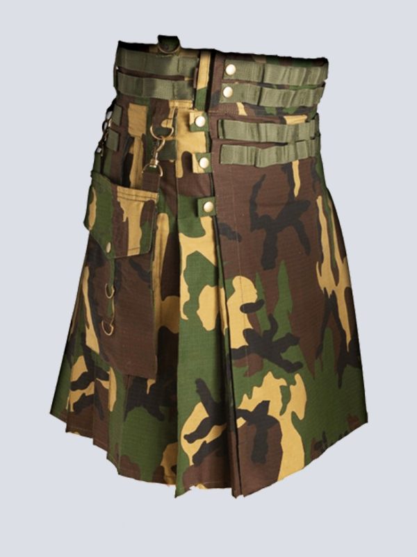 MENS WOODLAND CAMO TACTICAL KILT WITH NYLON STRAPS