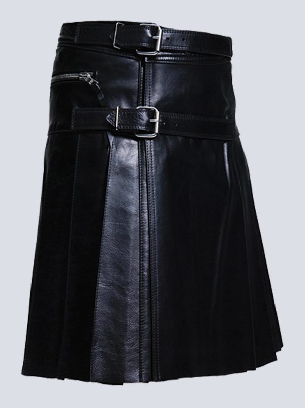 MODERN BLACK LEATHER KILT WITH BUCKLE STRAPS - Image 2