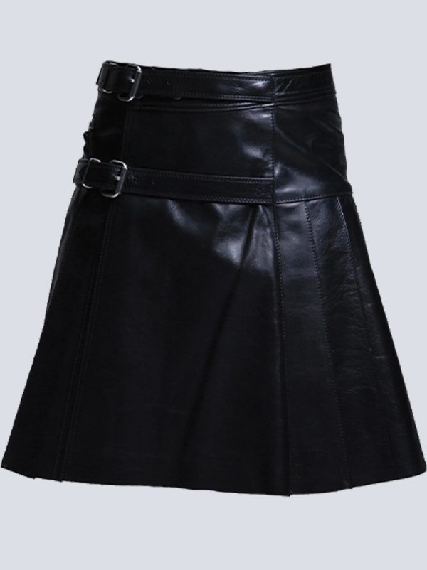 MODERN BLACK LEATHER KILT WITH BUCKLE STRAPS