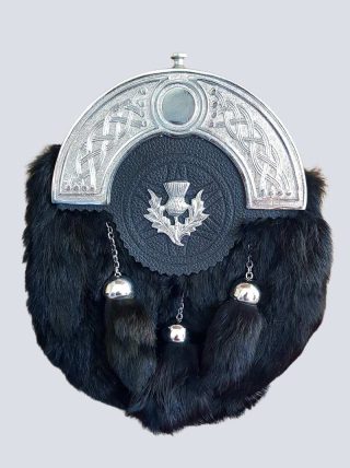 black fur sporran with thistle design